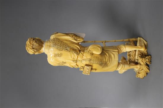 A Japanese Tokyo School ivory okimono, carved as a farmer above a chicken, Meiji period, signed, 24cm